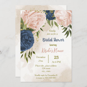 navy blush flowers green leaves bridal shower invitation