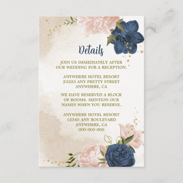 navy blush flowers green leaves enclosure card (Front)