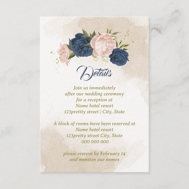 navy blush flowers green leaves enclosure card (Front)