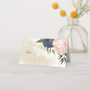 navy blush flowers green leaves place card