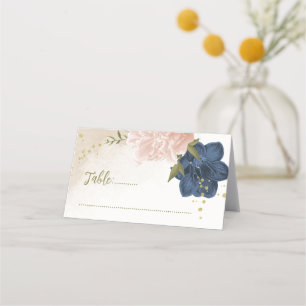 navy blush flowers green leaves place card