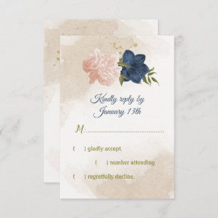 navy blush flowers green leaves RSVP card