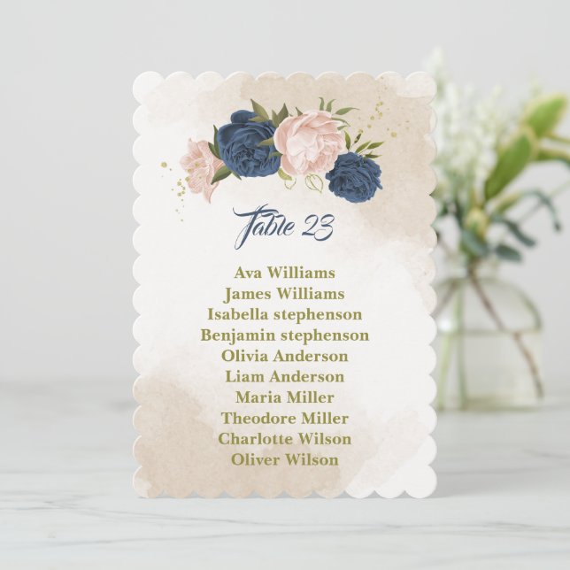navy blush flowers green leaves seating chart card (Standing Front)