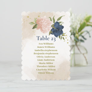 navy blush flowers green leaves seating chart card