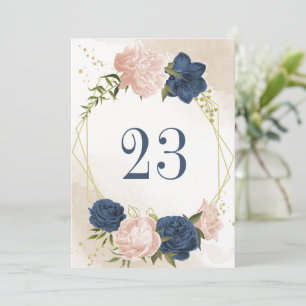navy blush flowers green leaves table number