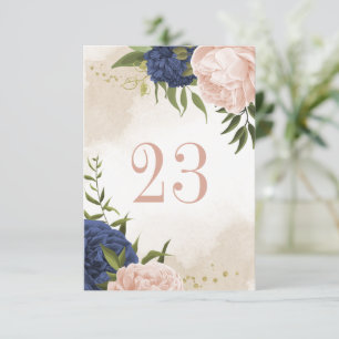 navy blush flowers green leaves table number