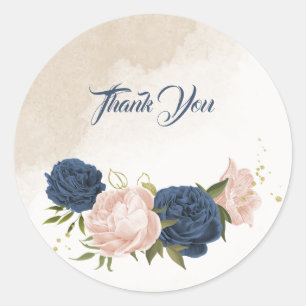 navy blush flowers green leaves wedding classic round sticker
