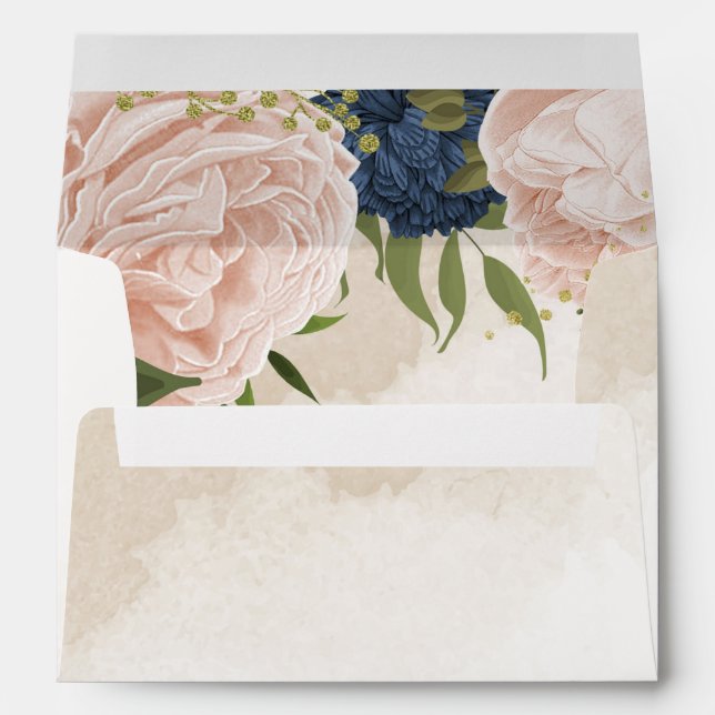navy blush flowers green leaves wedding envelope (Back (Bottom))