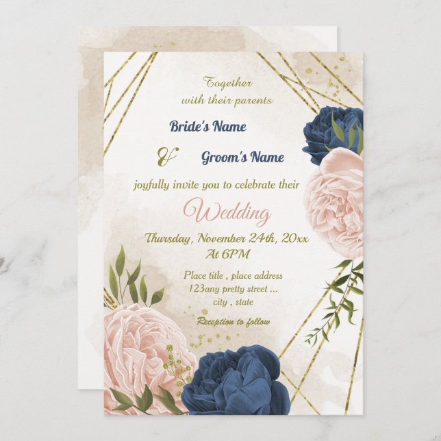 navy blush flowers green leaves wedding invitation (Front/Back)