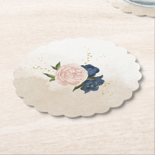 navy blush flowers green leaves wedding paper coaster