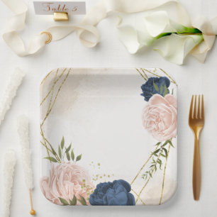 navy blush flowers green leaves wedding paper plate