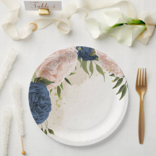 navy blush flowers green leaves wedding paper plate