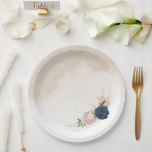 navy blush flowers green leaves wedding paper plate