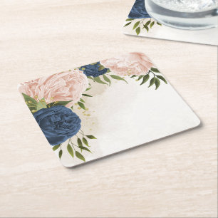 navy blush flowers green leaves wedding square paper coaster