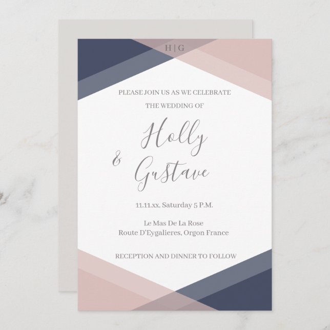 Navy Blush Geometric Monogram Modern Chic Wedding Invitation (Front/Back)