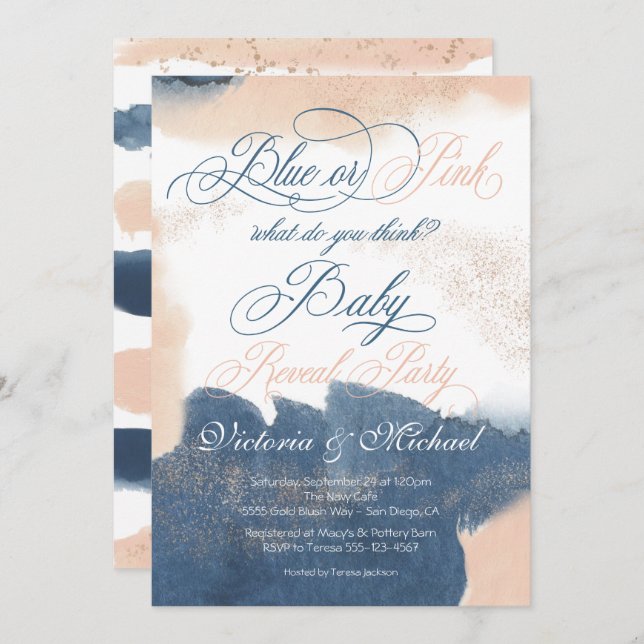 Navy Blush Gold Baby Reveal Shower invitation (Front/Back)