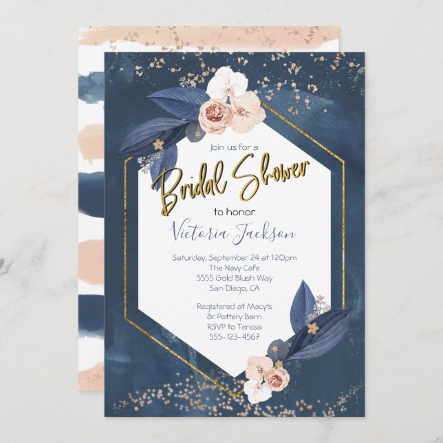Navy Blush Gold Bridal Shower Invitation (Front/Back)