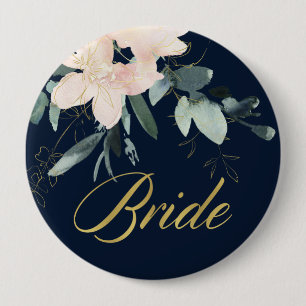 NAVY BLUSH GOLD FLORAL BUNCH WATERCOLOR BRIDE 10 CM ROUND BADGE