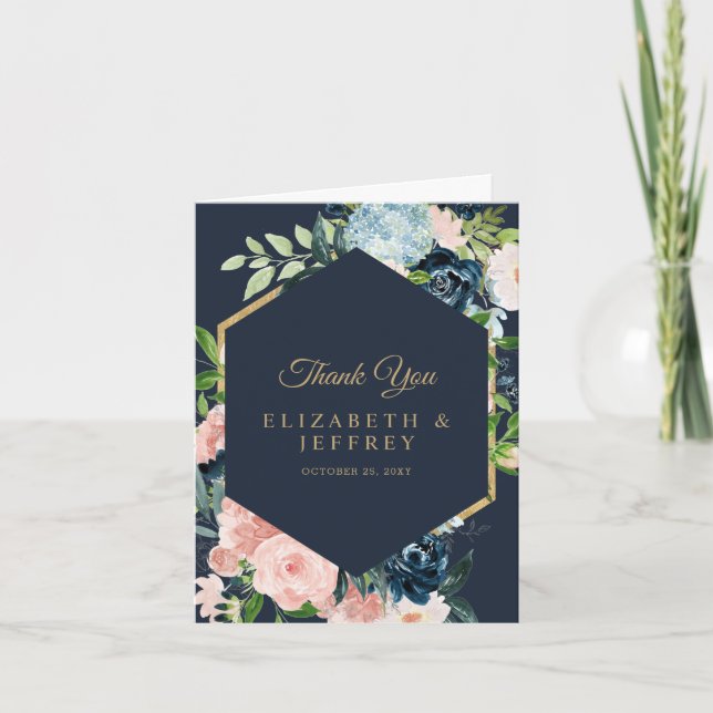 Navy Blush Gold Floral Geometric Thank You Card (Front)