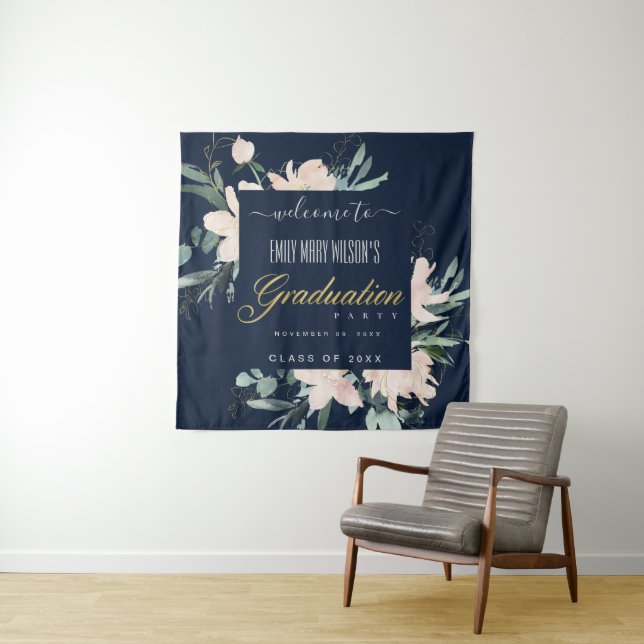 NAVY BLUSH GOLD FLORAL GRADUATION PARTY WELCOME TAPESTRY (In Situ)