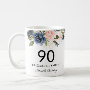 Navy Blush Gold Floral Personalized 90th Birthday Coffee Mug
