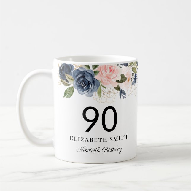Navy Blush Gold Floral Personalized 90th Birthday Coffee Mug (Left)
