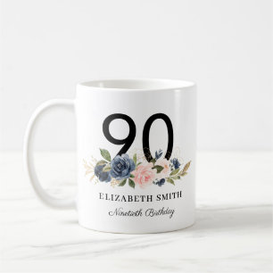 Navy Blush Gold Floral Personalized 90th Birthday Coffee Mug