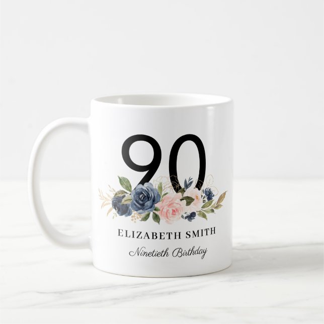 Navy Blush Gold Floral Personalized 90th Birthday Coffee Mug (Left)
