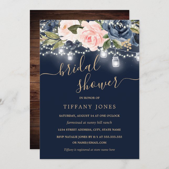 Navy Blush Gold Floral Rustic Wood Bridal Shower Invitation (Front/Back)