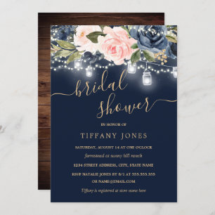Navy Blush Gold Floral Rustic Wood Bridal Shower Invitation