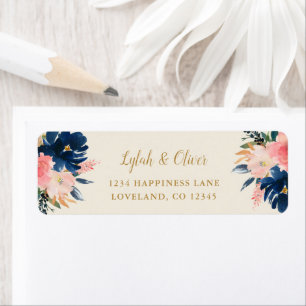 Navy Blush & Gold Floral Wedding Return Address Label