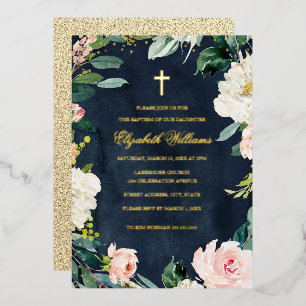 Navy Blush Gold Floral Wreath Cross Girl Baptism 