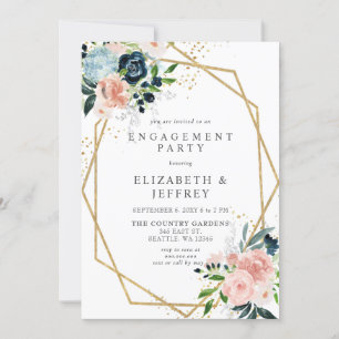 Navy Blush Gold Geometric Floral Engagement Party Invitation