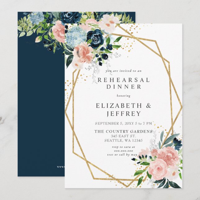 Navy Blush Gold Geometric Floral Rehearsal Dinner Invitation (Front/Back)