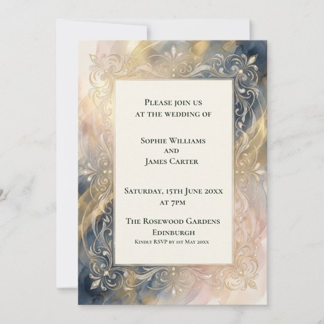 Navy Blush Gold Ornate Wedding Invitation (Front)