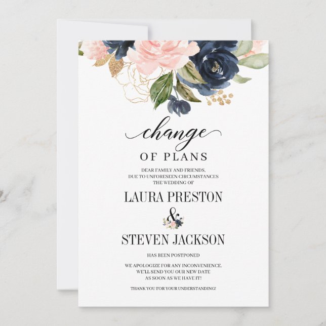 Navy Blush Golden Floral Blossom Change of Plans Invitation (Front)