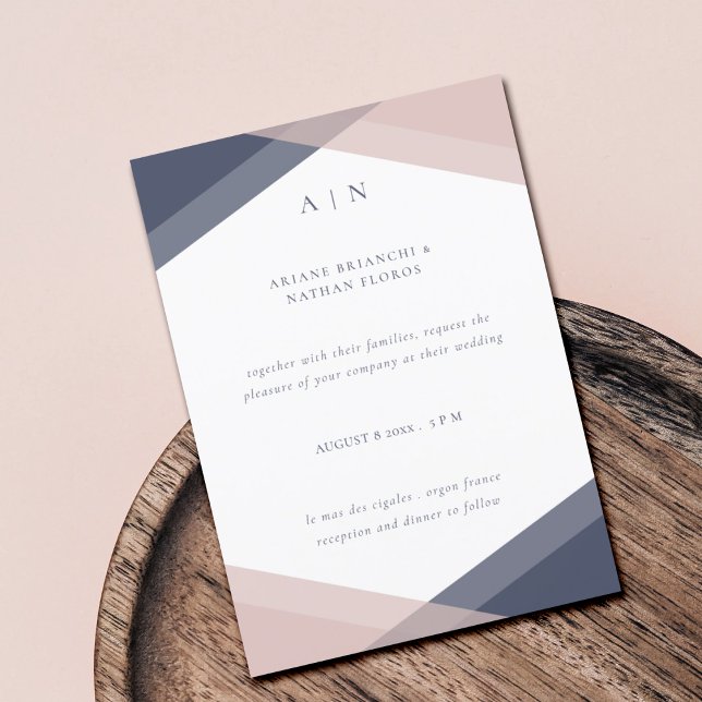 Navy Blush Modern Monogram Wedding Invitation (Creator Uploaded)