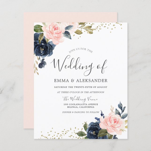 Navy & Blush On a Budget Wedding Invitation (Front/Back)