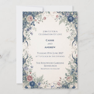 Navy Blush Ornamental Floral Wedding Invitation