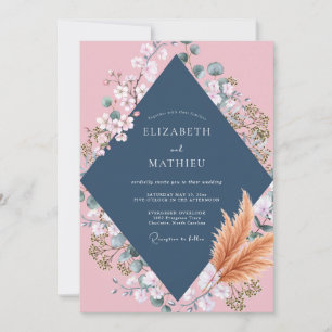 Navy Blush Pampas Eucalyptus Wedding Invitation