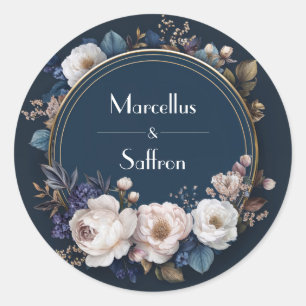 Navy & Blush Peony Floral Round Wedding Sticker