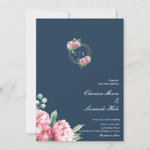 Navy Blush Peony Gold Frame Wedding  Invitation
