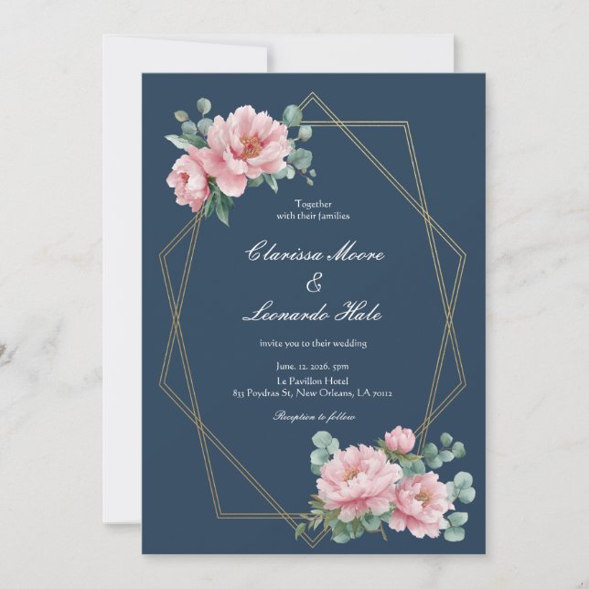 Navy Blush Peony Gold Frame Wedding  Invitation (Front)