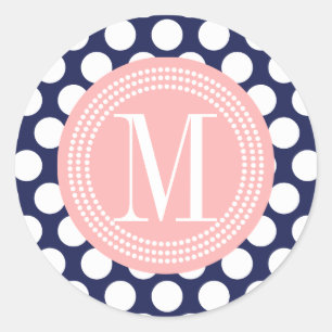 Navy & Blush Pink Big Polka Dots Monogrammed Classic Round Sticker