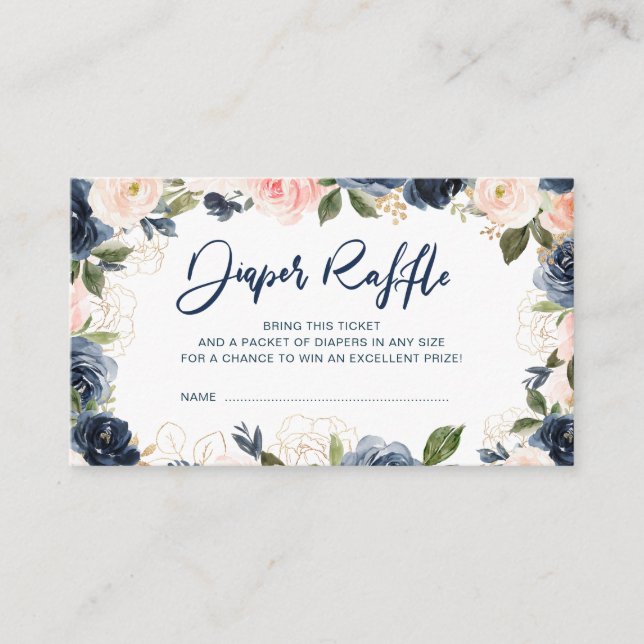 Navy & Blush pink blooms floral diaper raffle card (Front)