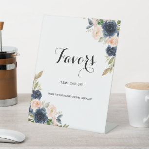 Navy Blush Pink Blossom Floral Favour Pedestal Sign