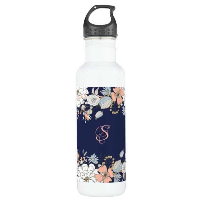 Navy Blush Pink Blue Floral Monogram Personalised 710 Ml Water Bottle (Front)