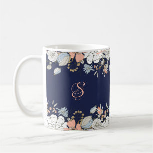 Navy Blush Pink Blue Floral Monogram Personalised Coffee Mug
