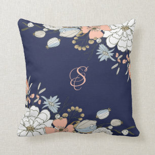 Navy Blush Pink Blue Floral Monogram Personalised Cushion