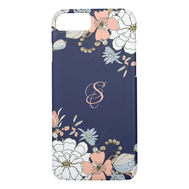 Navy Blush Pink Blue Floral Personalised Case-Mate iPhone Case (Back)
